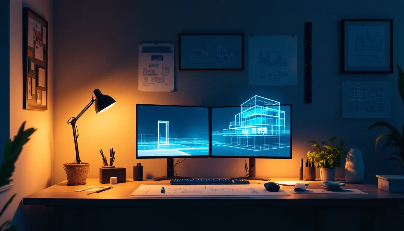 A studio desk at dusk with monitors rendering a building from wireframe into photoreal light