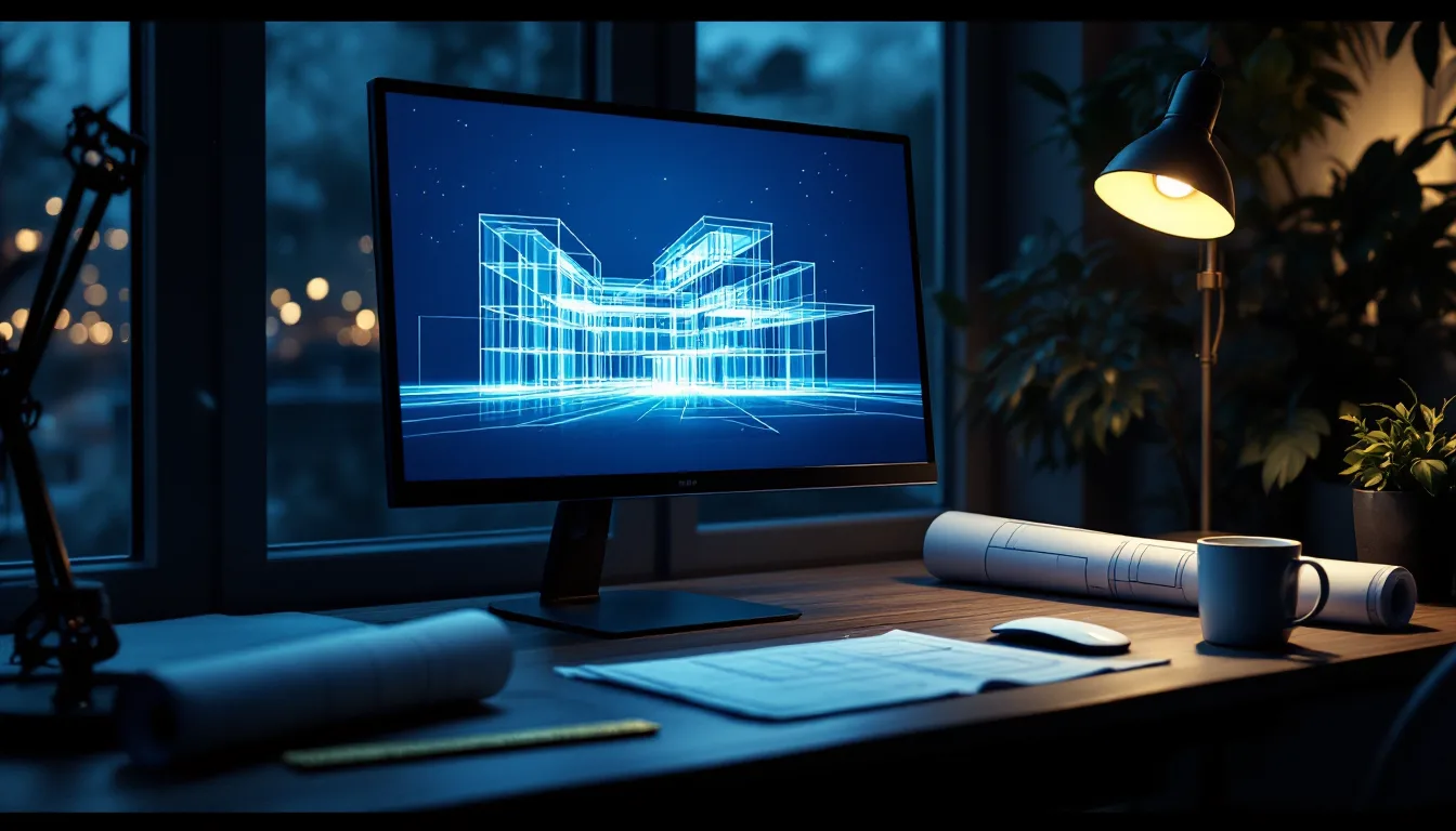 A 3D visualization studio bench at dusk with a wireframe render on screen and rolled drawings