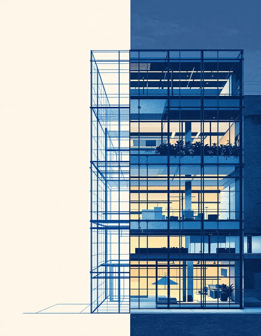 A building rendered half in blue wireframe, half resolving into photoreal twilight light